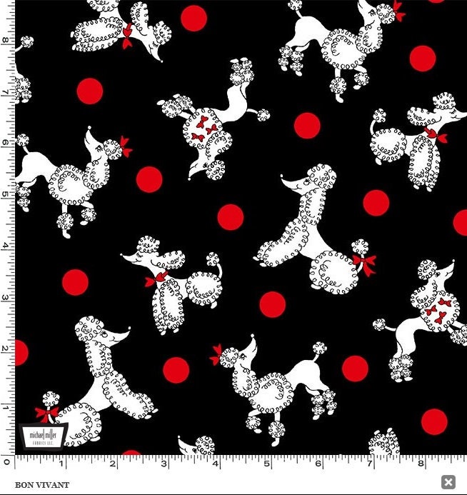 Retro Poodle Fabric By the Yard, Bon Vivant by Michael Miller CX9283-BLAC-D, Black White Red Vintage Look Poodle Fabric BTY, 100% Cotton