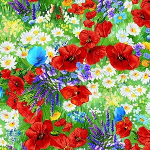 May include: A vibrant fabric pattern featuring a dense meadow of red poppies, white daisies, purple lavender sprigs, and small blue flowers set against a bright green background. The floral design is colorful, detailed, and repetitive.