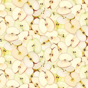 May include: A close-up image of a pile of sliced apples. The apples are arranged in a random pattern, with some slices showing the core and seeds. The apples are a light yellow color, with some red highlights.