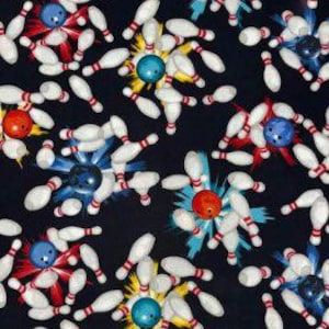 May include: A repeating pattern of bowling pins and bowling balls on a black background. The pins are white with red stripes, and the balls are blue, yellow, and red. The design is a playful and colorful representation of the sport of bowling.