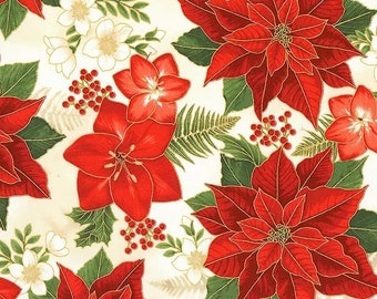 Holiday Flourish Metallic Poinsettia Fabric BTY, Classic Christmas Holiday By the Yard, Robert Kaufman 20781, 100% Cotton Premium Quilting