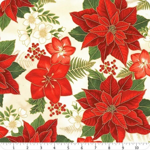 Holiday Flourish Metallic Poinsettia Fabric BTY, Classic Christmas Holiday By the Yard, Robert Kaufman 20781, 100% Cotton Premium Quilting
