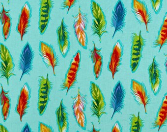 Boho Feathers Aqua Fabric BTY, Michael Miller CX8591-AQUA-D, 100% Cotton Fabric, Fabric By the Yard