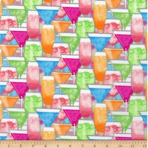 Mixology Glasses with Glitter Fabric BTY, Three Wishes 18019, Colorful Cocktail Fabric By the Yard, 100% Cotton Premium Quilting Fabric