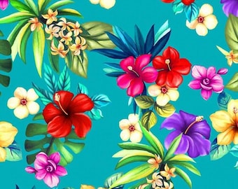May include: A vibrant, seamless pattern featuring tropical flowers and foliage in shades of red, pink, yellow, and purple against a bright teal background. The design includes hibiscus, palm leaves, and other exotic blooms.
