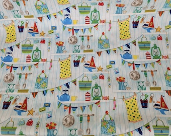 Seaside Beach Hut Interior Fabric BTY, the Henley Studio for Makower #453, Beach House Summer Vacation, Nantucket Cape Cod 100% Cotton