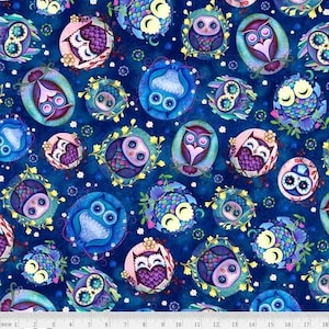 Hootie Patootie Adorable Owl Fabric BTY, P&B Textiles 05303-DB, Kawaii Colorful Owls Fabric by the Yard, 100% Quilting Cotton