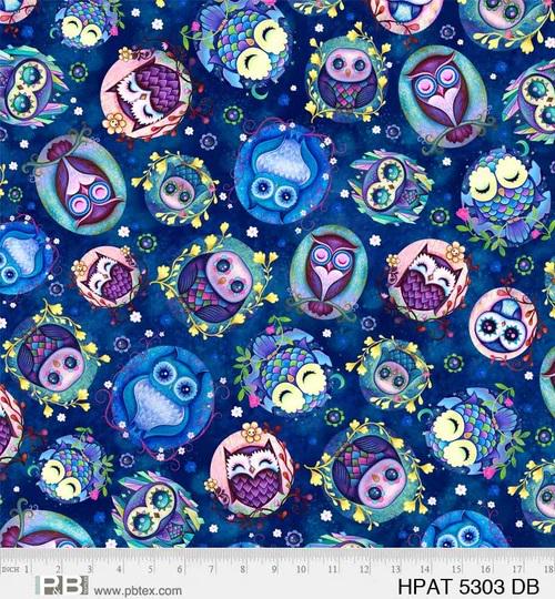 Hootie Patootie Adorable Owl Fabric BTY, P&B Textiles 05303-DB, Kawaii Colorful Owls Fabric by t