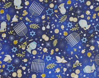 Stars of Light Metallic Navy Fabric BTY, Robert Kaufman 21735-9-A1, Fabric By the Yard, Menorah Judaica Jewish Theme Hanukkah Dreidel Gelt
