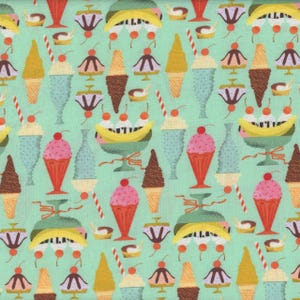 May include: A repeating pattern of ice cream treats on a light green background. The design includes ice cream cones, sundaes, banana splits, and milkshakes, all adorned with cherries. The color palette features pink, brown, yellow, and red.