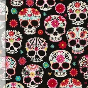 Sugar Skull Fabric By the Yard, Timeless Treasures Fun C4139, Sweet Day of the Dead Dia de los Muertos Kawaii Fabric, 100% Cotton