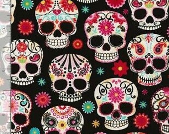 Sugar Skull Fabric By the Yard, Timeless Treasures Fun C4139, Sweet Day of the Dead Dia de los Muertos Kawaii Fabric, 100% Cotton