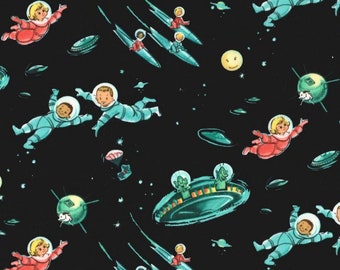 Little Green Men Fabric BTY, Retro Space Fabric Astronaut Kids Aliens and Dogs, Michael Miller CX7632-BLAC-D, 100% Cotton Fabric