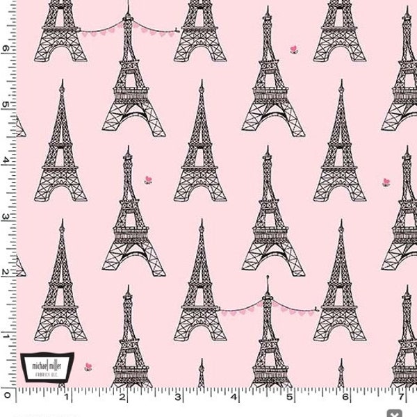 Eiffel Tower Fabric BTY, Tour Eiffel Pink Michael Miller DC8417-BLOS-D, Paris Parisian France French Francophile Cotton Fabric By the Yard