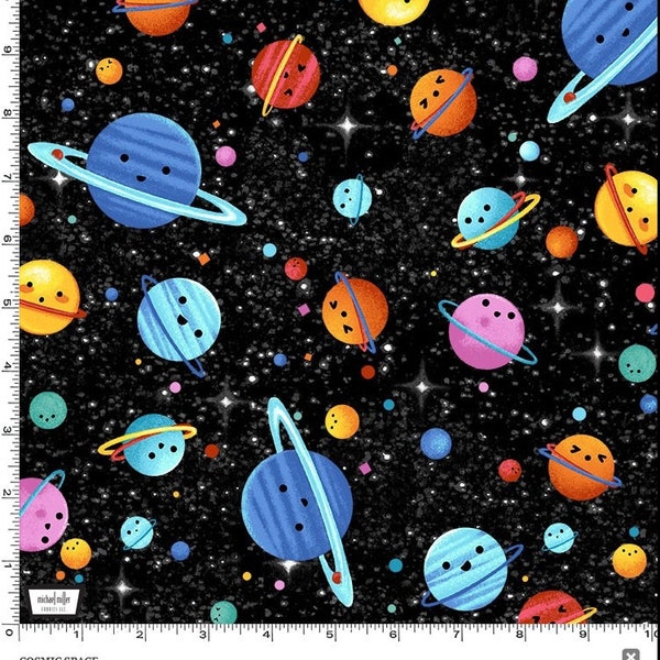 Cosmic Space Fabric BTY, Fun Kids Colorful Planet Solar System Fabric, Outer Space Fabric, Michael Miller DM9304-BLAC-D, 100% Cotton Fabric