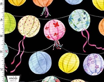 Colorful Paper Lanterns Fabric BTY, Michael Miller DDC9838-BLAC-D, Kawaii Chinese Japanese Lantern Garden Festival by the Yard, 100% Cotton