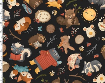 All My Friends are Wild Fabric BTY, Michael Miller DC10760-CHAR-D, Fun Woodland Forest Animals Kids Fabric by the Yard, 100% Cotton