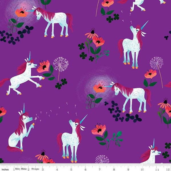 Unicorn Fabric BTY, Uni the Unicorn Toss Purple by Riley Blake, C9981-Purple Kawaii Adorable Unicorns, Fun Kids Print, 100% Cotton Fabric