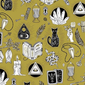 May include: A repeating pattern featuring occult and mystical symbols on a gold background. The design includes a black cat with "bad luck 13" text, a Ouija board, crystals, keys, a snake, a book, and a pendulum.