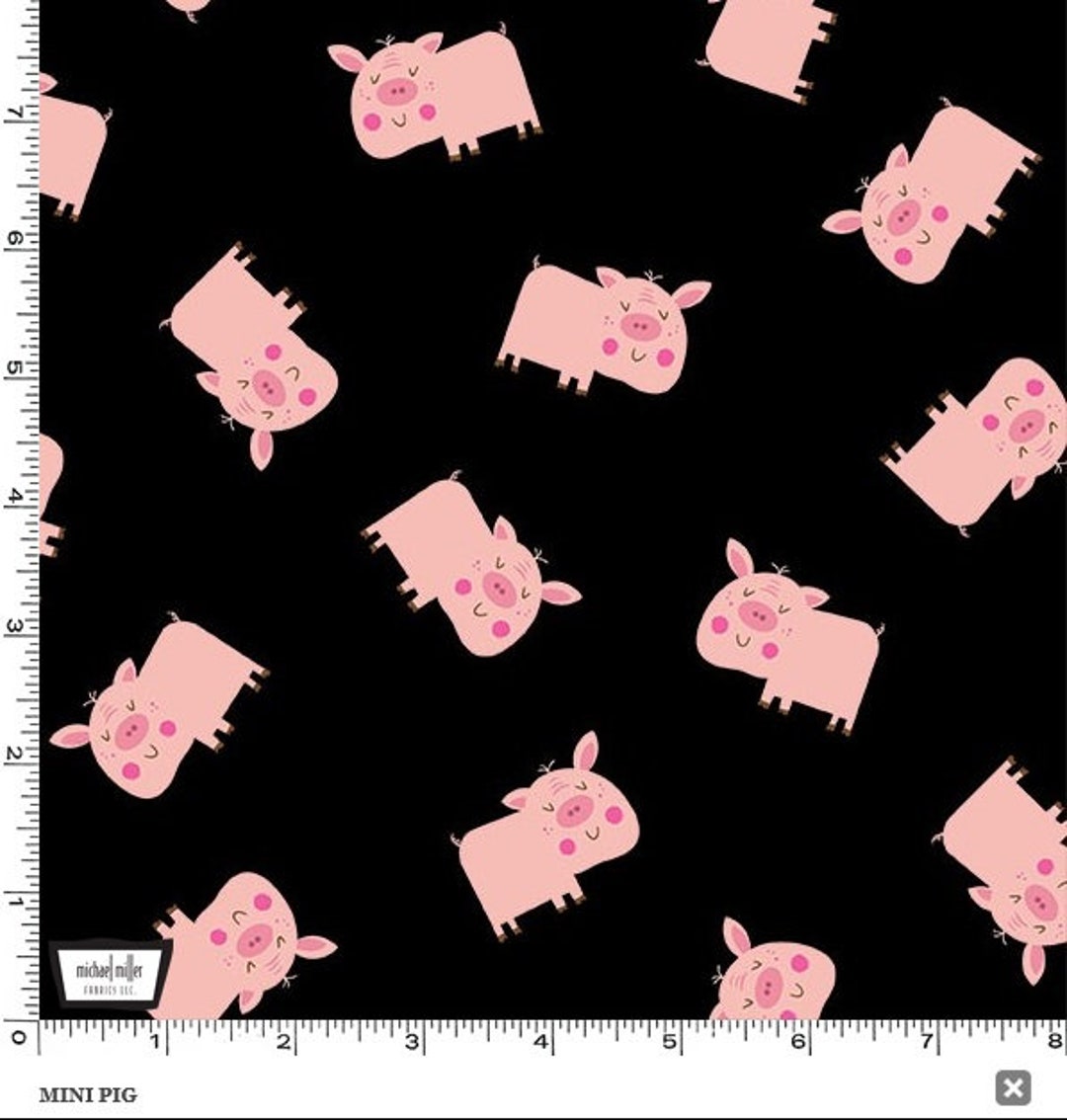 Mini Pig Fabric by the Yard, Michael Miller DC10195BLACD, Tiny Cartoon Tossed Pigs Kawaii