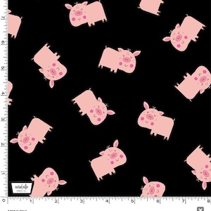 May include: Black fabric with a repeating pattern of pink cartoon pigs. The pigs have closed eyes and pink cheeks. The text "MINI PIG" is printed at the bottom of the fabric.