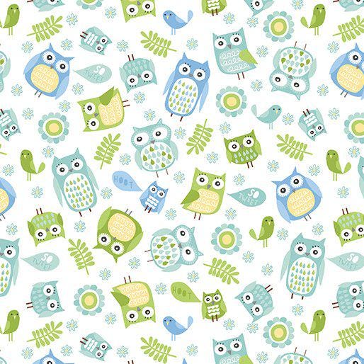 Owl Happy Tossed Owls Fabric BTY, Playhouse Pals Benartex 13208-82, 100% Cotton Fabric By the Yard