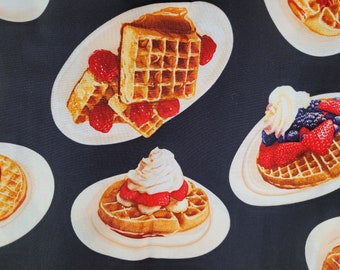 Realistic Waffle Fabric BTY, Timeless Treasures FOOD-C9248, Breakfast Belgian Waffles with Fruit 100% Cotton Fabric By the Yard