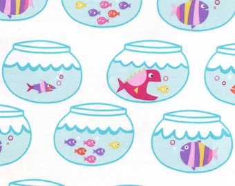 Swimming in Circles, Cartoon Fishbowl Fabric, Cartoon Fish, Michael Miller CX7456-MERM-D, Mermaid, 100% Cotton Fabric Bty.  Destash.