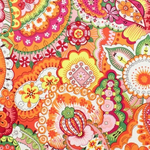 Sloane Bright Colorful Retro Mod Flowers Fabric BTY, Fulham Road Persimmon Alexander Henry, 100% Cotton Premium Quilting Fabric By the Yard