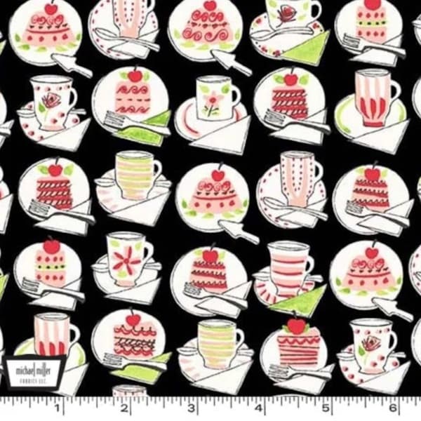 Just Desserts Retro Fabric BTY, Michael Miller CX9757-BLAC-D, Vintage Look 50s Kitchen Diner Desserts Cake Pie Coffee Tea, 100% Cotton