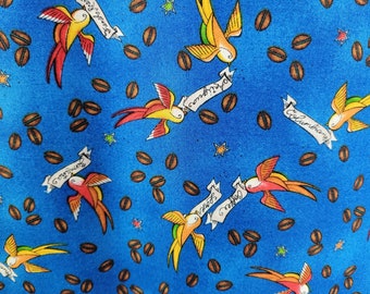 Coffee Lovers Blue Fabric BTY, Lorilynn Simms for Fabri-Quilt 9169, Birds with Coffee Varieties Coffee Bean Caffeine Java Fabric By the Yard