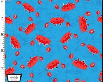 Oh Snap! Cute Crab Fabric BTY, Michael Miller DC9561-BLUE-D, Cute Kids Nursery Crab Fabric by the Yard, Kawaii Crab 100% Cotton