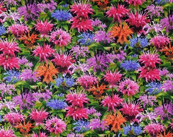 Bees and Flowers Fabric, Digitally Printed Fabric, Bee Balm, Elizabeth's Studio 519 Green, 100% Cotton Fabric Bty, Photoreal Fabric