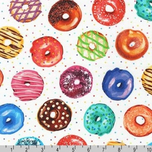 Delicious Donut Fabric BTY, Sweet Tooth by Robert Kaufman SKRD-20626-287, Fun Colorful Donuts 100% Cotton By the Yard