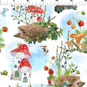 Hedgehogs and Mushrooms Berry Garden Multi Fabric By The Yard, Hedgehog Hollow by In the Beginning 4HH-1, 100% Cotton BTY