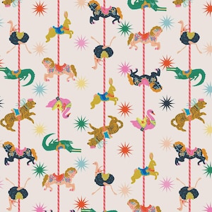 May include: A whimsical pattern featuring carousel animals like horses, tigers, and ostriches, along with rabbits, crocodiles, and swans. The animals are in various colors and are arranged around pink and red striped poles, with starbursts scattered throughout.