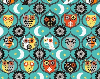 Owl Night Long Fabric BTY, Michael Miller CX9741-TEAL-D, Teal Turquoise Kawaii Colorful Mod Owls with Moons Fabric, 100% Quilting Cotton