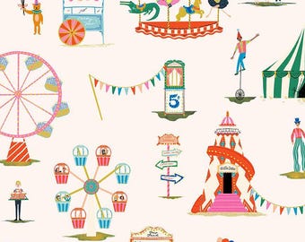 Ticket to Ride Retro Circus Carnival Fabric BTY, Dear Stella DFG2869 Pearl Colorway, Carnival Fun Rides Games 100% Cotton By The Yard