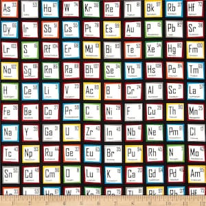 May include: A black fabric featuring a colorful periodic table of elements design. Each element is displayed in a colored box with its symbol, atomic number, and name. The fabric is marked with inch measurements.