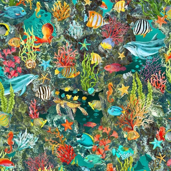 Calypso II Reef Underwater Fabric BTY, Vibrant Colorful Coral Tropical Fish, In the Beginning 22CAL-2, 100% Cotton Fabric Destash