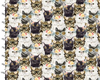 Everyday is Caturday Fabric BTY, Adorable Cats with Glasses Fabric, Three Wishes 18040, Cute Cat Premium 100% Quilting Cotton SALE