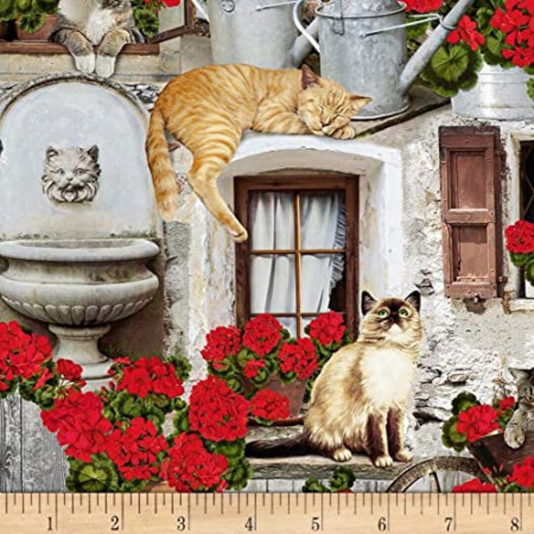 Cats and Geraniums Fabric BTY, Timeless Treasures C6381, Cats and Flowers Fabric Premium 100