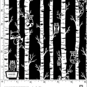 Moonlit Forest Glow in the Dark Birch Tree Fabric, Forest Animal Fabric, Michael Miller DG10460-BLAC-D, 100% Cotton Fabric Bty image 1