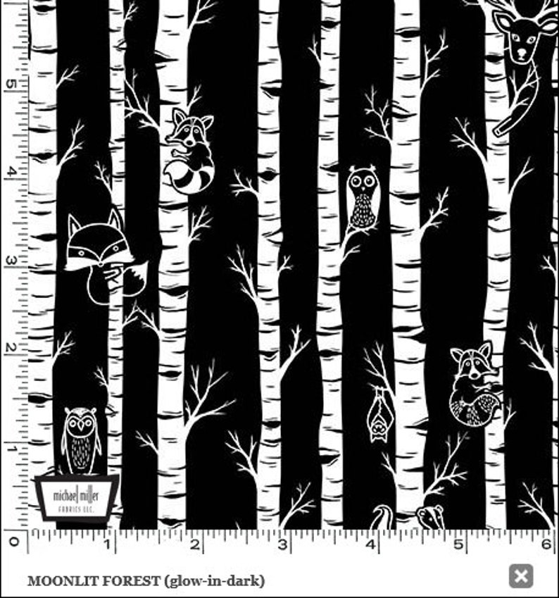 Moonlit Forest Glow in the Dark Birch Tree Fabric, Forest Animal Fabric, Michael Miller DG10460-BLAC-D, 100% Cotton Fabric Bty image 1