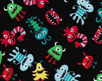 Little Monsters Fabric BTY Bright Cartoon Style Tossed Monsters, Kids Silly Fun Monster Fabric By the Yard 100% Cotton Fabric