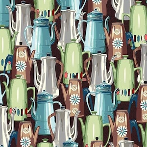 May include: A repeating pattern of vintage coffee pots in various colors, including silver, teal, brown, and green. The coffee pots have different designs and shapes, with some featuring floral accents. The background is a dark brown color.