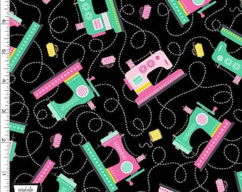 Tossed Sewing Machines Fabric BTY, Michael Miller CX10707-BLAC-D, Sewing Theme Fabric, Seamstress Seamster Crafter Sewing Room Studio