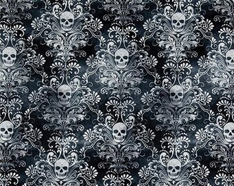 Skull Damask Negative Fabric BTY, Timeless Treasures C3759 Charcoal, Classy Goth Fabric, Elegant Skulls Fabric, 100% Cotton
