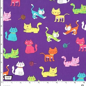 Cat Time Fabric BTY, Cute Cat Fabric, Michael Miller DC8198-HAPP-D, Fun Kitty Theme, Kawaii Cartoon Cats, 100% Premium Quilting Cotton