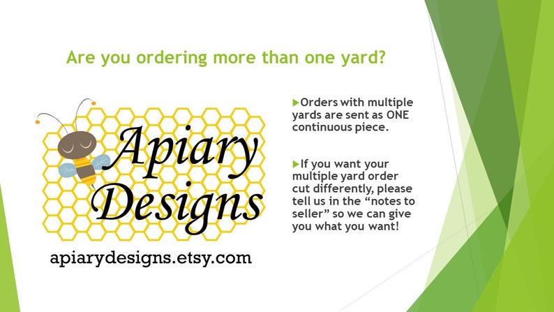 Peut inclure: Une illustration d'une abeille jaune et noire avec le texte "Apiary Designs" et l'adresse du site Web "apiarydesigns.etsy.com". Le texte sous le logo explique que les commandes de plusieurs m&egrave;tres sont envoy&eacute;es en un seul morceau continu, mais les clients peuvent demander plusieurs coupes en ajoutant une note au vendeur.